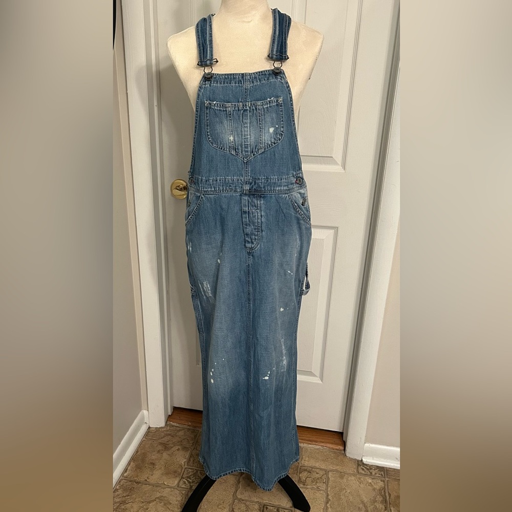 Anthropologie Blue Denim Maxi Overall Dress with Distressed Paint Detail